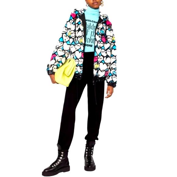 Moncler Grenoble White Heart Print Faux Fur Fuzzy Oversized Hoodie Jacket Large - Picture 1 of 16